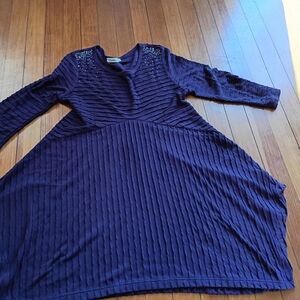 Cactus Navy Ribbed Long-Sleeve Dress with Shoulder Embellishments